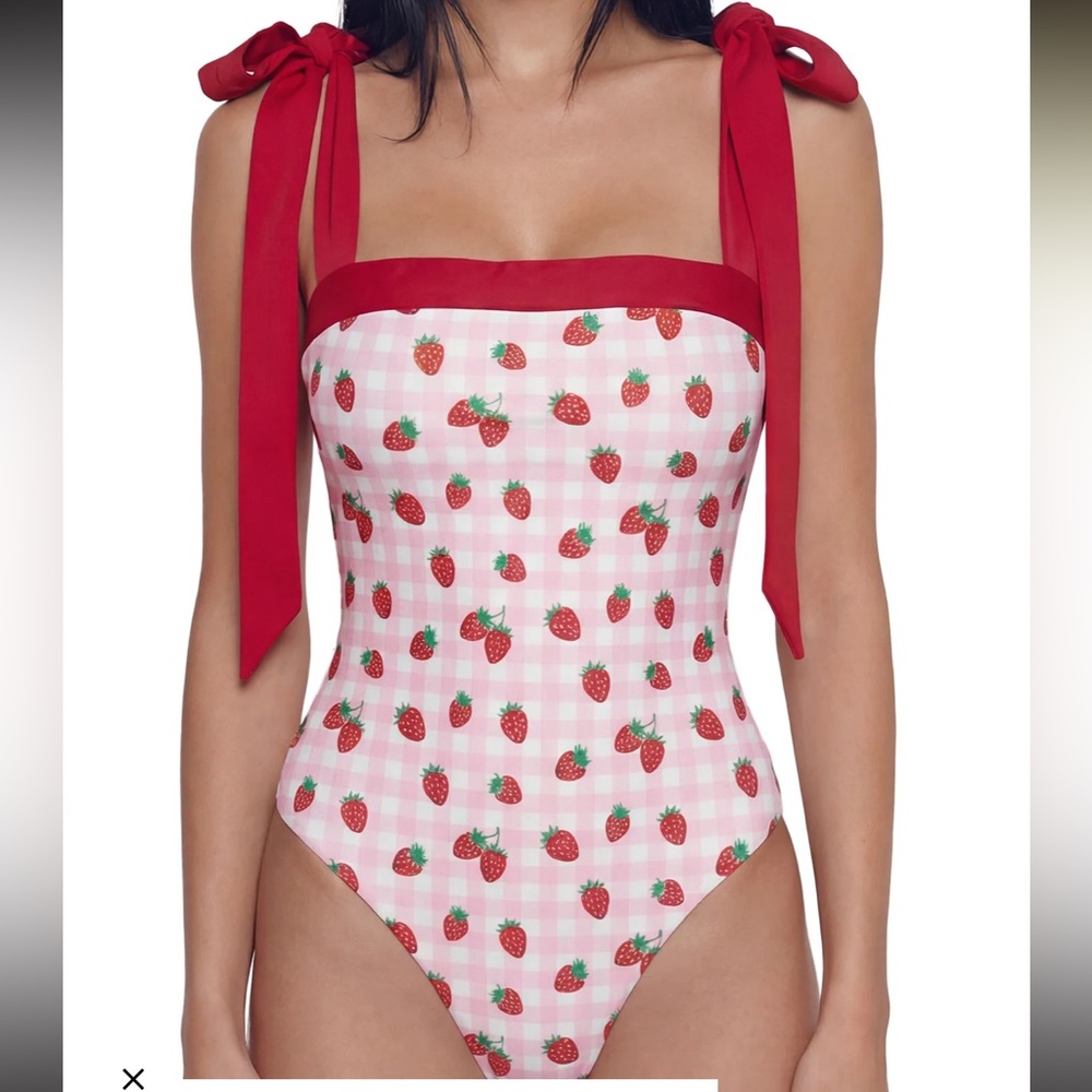 Strawberry One Piece Swimsuit - Red & Pink NWT shoulder tie bow